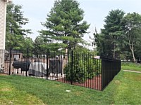 <b>6' high 3 rail black Aluminum residential Alumi-Guard Hamilton fencing - corner shot</b>